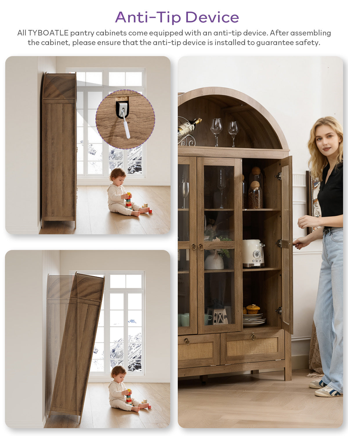 TYBOATLE 75'' Arched Cabinet Classic Farmhouse Design w/Three Glass Doors, Arch Cabinet w/Rattan Drawers and Anti-Tipping Device, Versatile Cupboard for Kitchen, Bathroom, Natural