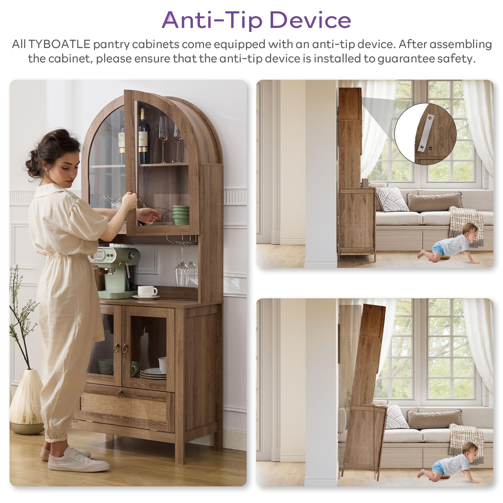 75'' Tall Arched Pantry Cabinet, China Cabinet for Kitchen and Dining Room | TYBOATLE, Accessible Storage Area, Innovative Drawer, Anti-Tipping Device, Versatile Cupboard, Kitchen Pantry, Dining Room