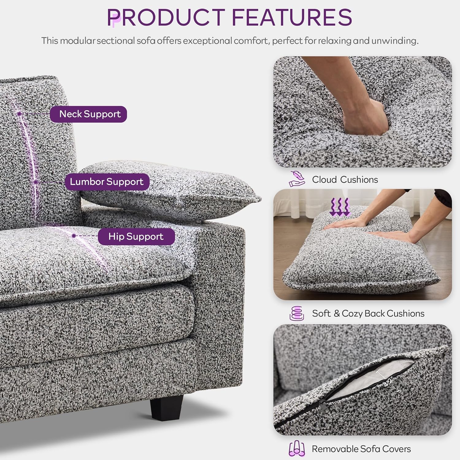 TYBOATLE 122'' Sofa Set for Living Room, Premium Kapok Fiber Sectional Couch with Chairs, Comfy Cloud Couch w/Adjustable Wider Armrest, Deep Seat Upholstered Modular Sofa for Appartment, Grey