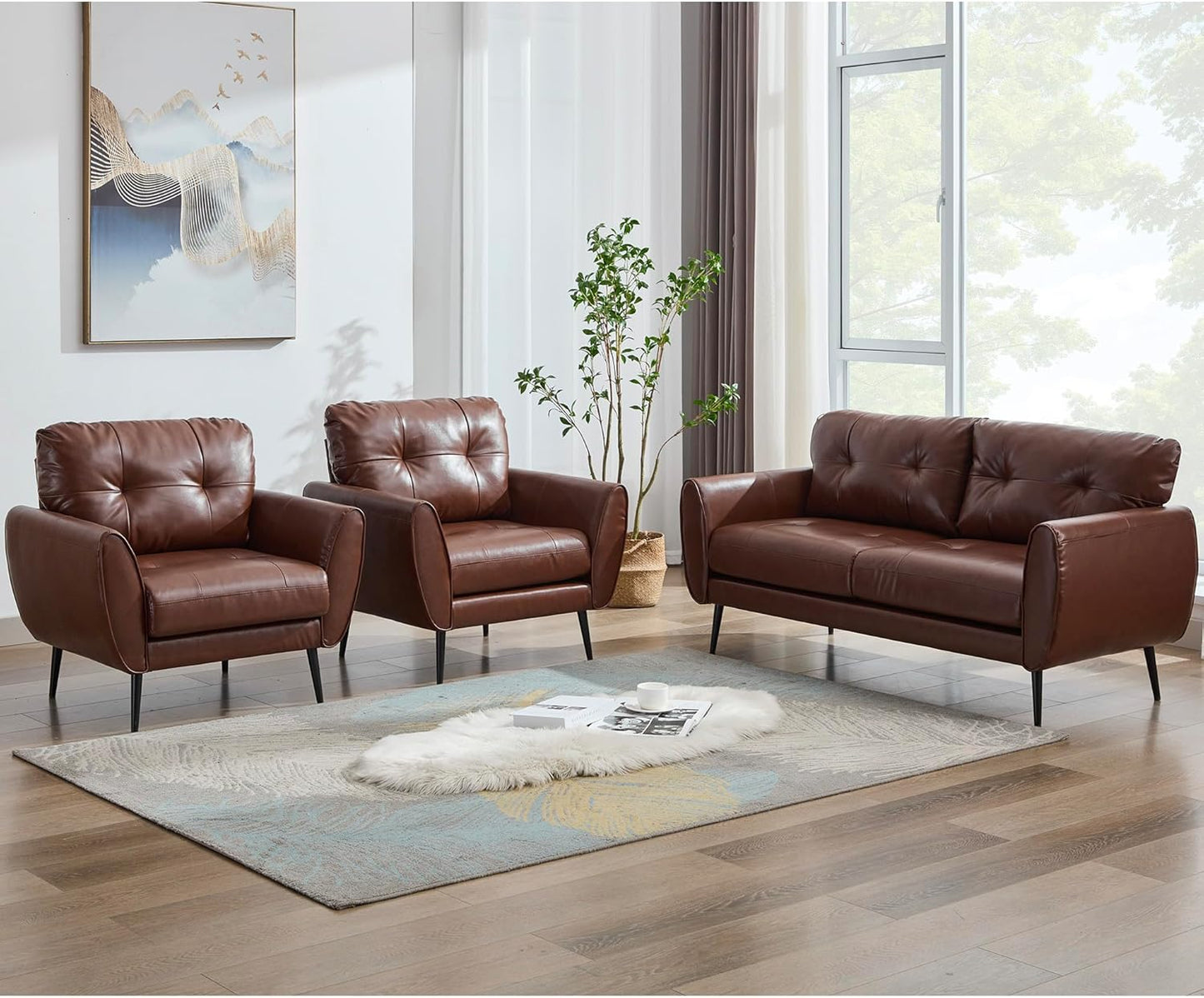 TYBOATLE Sofa Couch 61" Small Loveseat Couches for Living Room White Leather Couch Mid Century Modern Tufted Mini Sofa Comfy Office 2 Seat Settee Love Seat Small Couches for Small Spaces Bedroom (3, Brown)