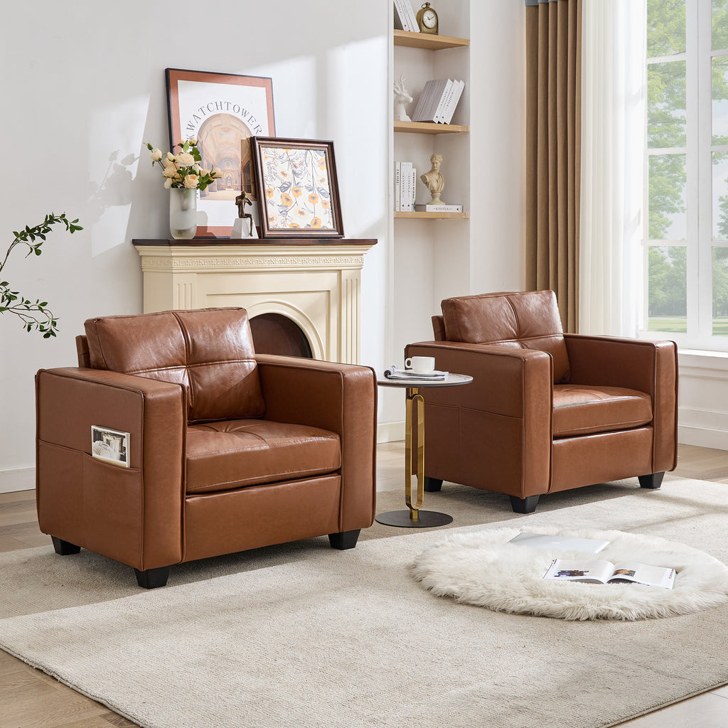 TYBOATLE Brown Faux Leather Accent Chairs Set of 2, Comfy Living Room Chair Reading Oversized Accent Chairs Tufted Mid Century Modern Arm Chair, Wider Armchair for Office Bedroom Lobby