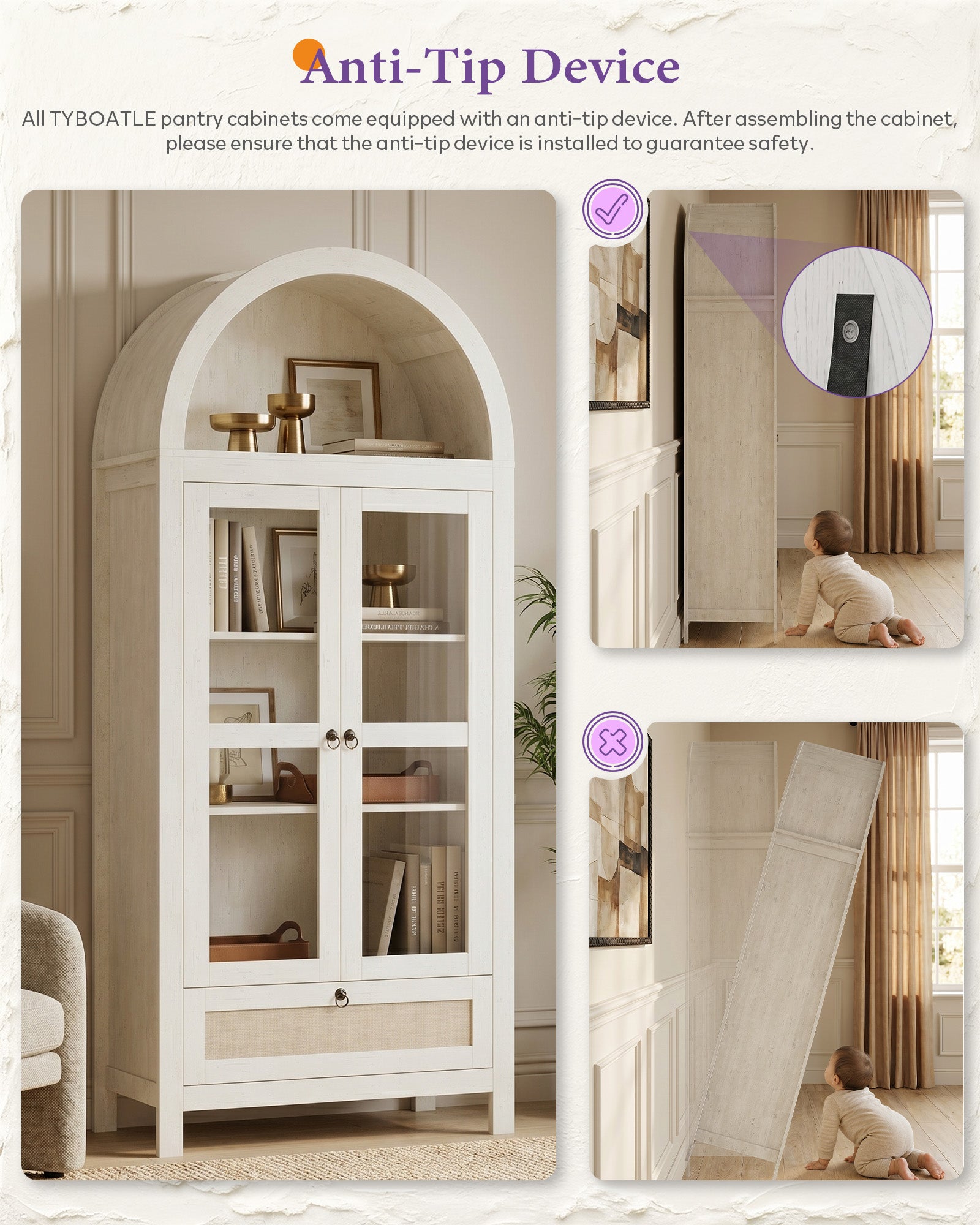 71'' Arched Pantry Cabinet, Arch Storage Cabinet w/Glass Door for Kitchen | Storage Cabinet with Innovative Drawer, Anti-Tip Device, Versatile Cupboard for Dining Room, Bathroom, Lobby, White