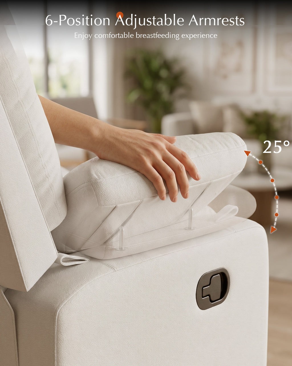 AODAILIHB  Recliner Chair w/Adjustable Armrests for Adults 360° Swivel, 30° Rocker, 135° Recline, Comfy White Leather Nursing Reclining Sofa Chair for Living Room, RV