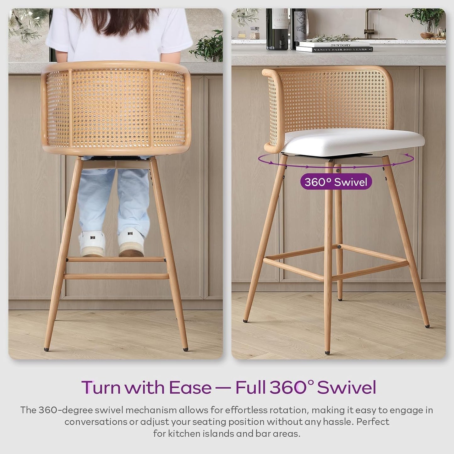 TYBOATLE Swivel Rattan Bar Stools Set of 2, 26” Counter Height Stools with Natural Rattan Woven Back and Faux Leather Seat, Mid-Century Modern Island Chairs Barstools for Kitchen, White (2, White)