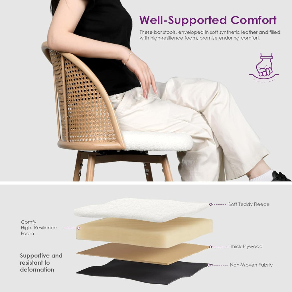 TYBOATLE Bar Stools Set of 2 Rattan Swivel 29" Height Barstools for Kitchen Counter Island Mid Century Modern White Bar Chairs with Metal Legs Woven Stools Upholstered Boho Bar Stool