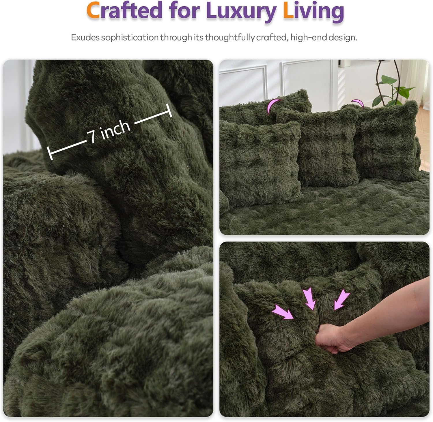 TYBOATLE 83’’ Oversized Round Boneless Couch w/Deep Seat, Round Memory Foam Couch, Comfy Fluffy Plush Bubble Sofa w/Double Cushion, Circle Bed for Livingroom, Bedroom (Green)