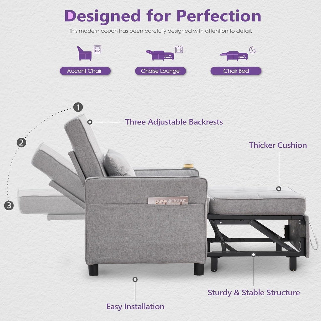 TYBOATLE Sleeper Chair for Adults, Convertible Pull Out Sofa Bed with Charging, Grey | Cup Holders, Side Pockets, Living Room, Bedroom, Small Space