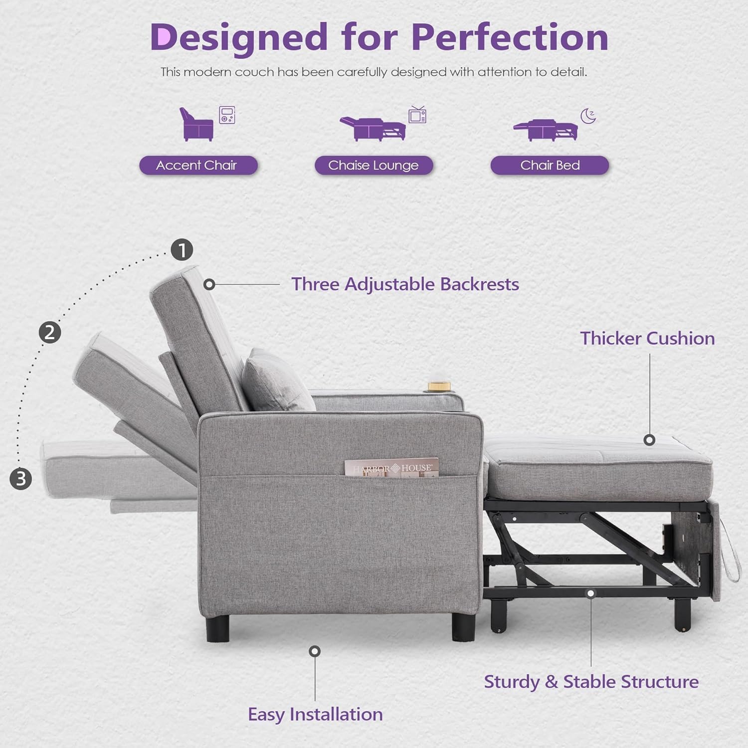 TYBOATLE Sleeper Chair for Adults, Convertible Pull Out Sofa Bed with Charging, Grey | Cup Holders, Side Pockets, Living Room, Bedroom, Small Space