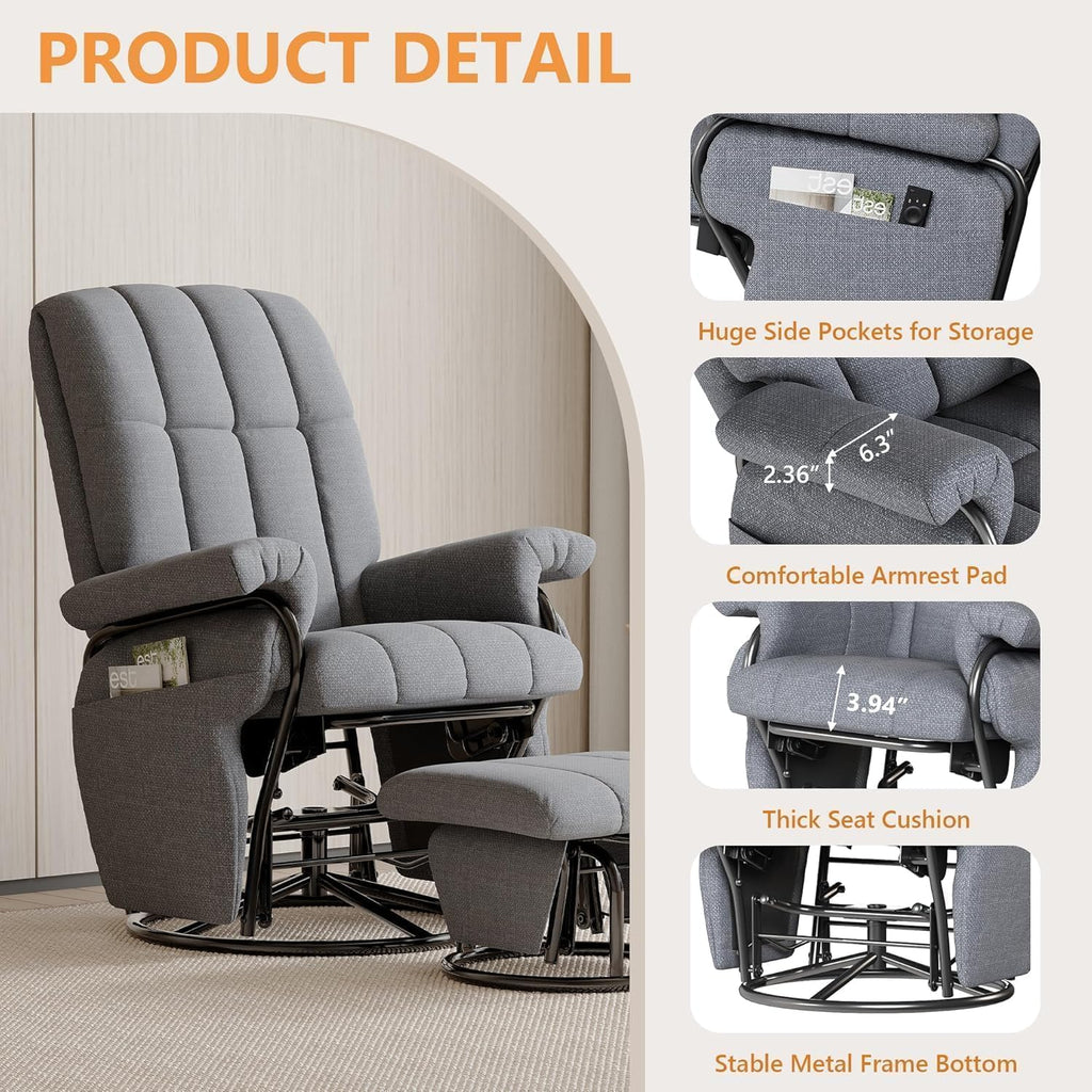 JIASTING 360° Swivel Recliner Chair with Ottoman & Double Side Pockets, Nursing Glider Rocking Recliner Chair, Gliding Chairs for Nursery, Living Room, Bedroom, Office (Gray)