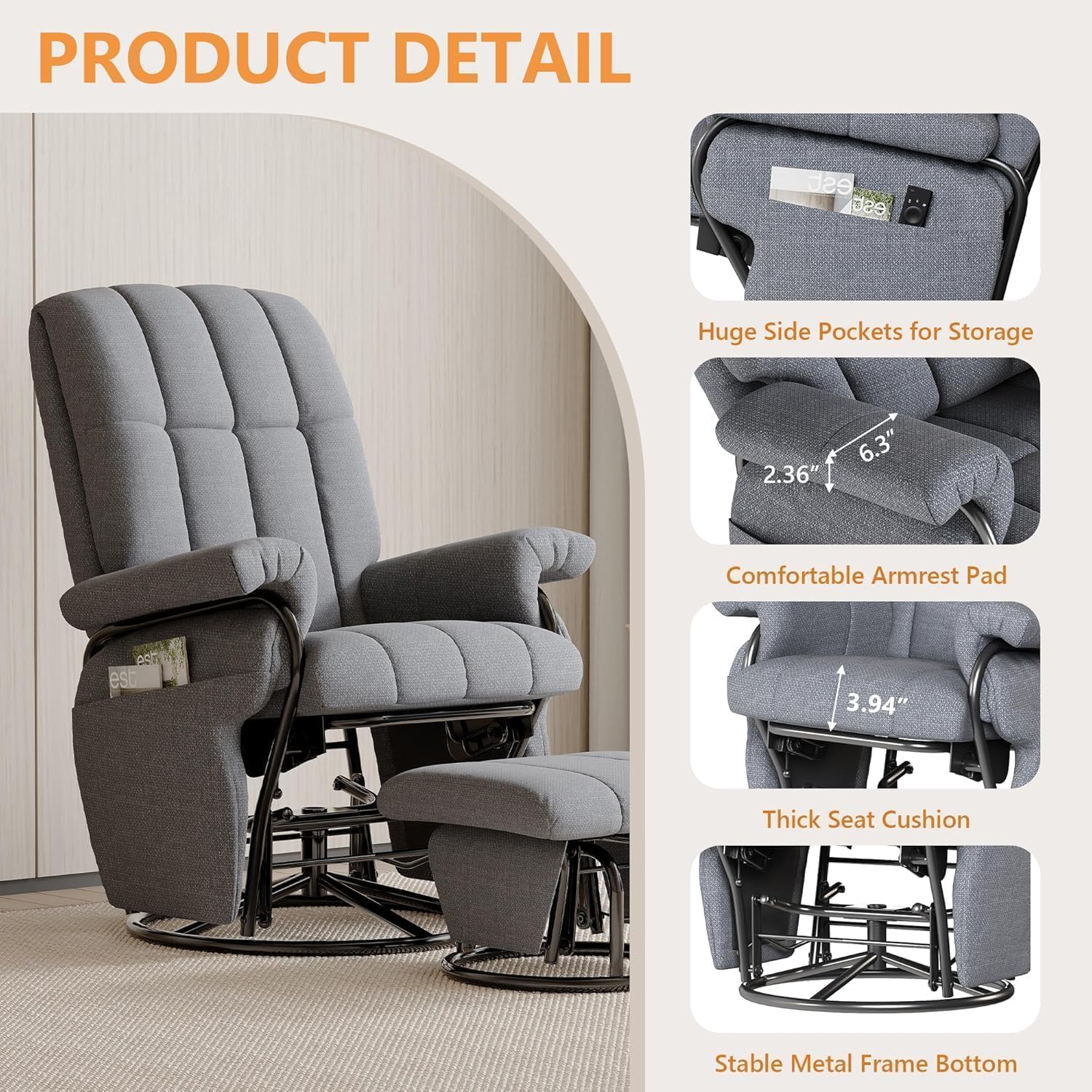 JIASTING 360° Swivel Recliner Chair with Ottoman & Double Side Pockets, Nursing Glider Rocking Recliner Chair, Gliding Chairs for Nursery, Living Room, Bedroom, Office (Gray)