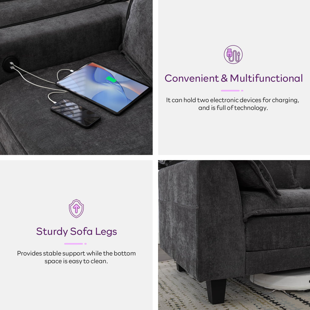 TYBOATLE 85" W Living Room Couch, Comfy Mid-Century Modern Grey Couch w/2 USB Charger & Wide Arms, 3 Seater Sofa w/2 Side Pockets for Apartment, Bedroom, Office