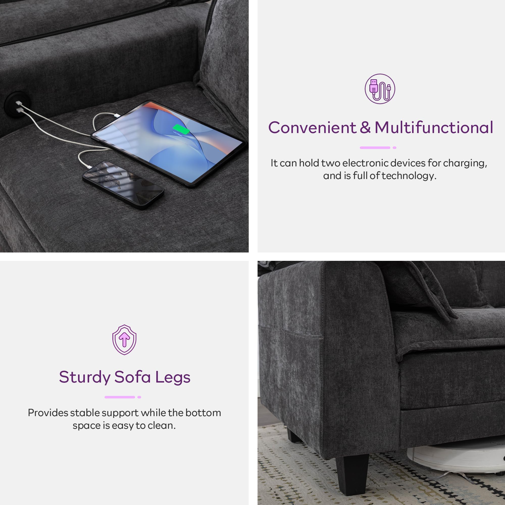 TYBOATLE 85" W Living Room Couch, Comfy Mid-Century Modern Grey Couch w/2 USB Charger & Wide Arms, 3 Seater Sofa w/2 Side Pockets for Apartment, Bedroom, Office