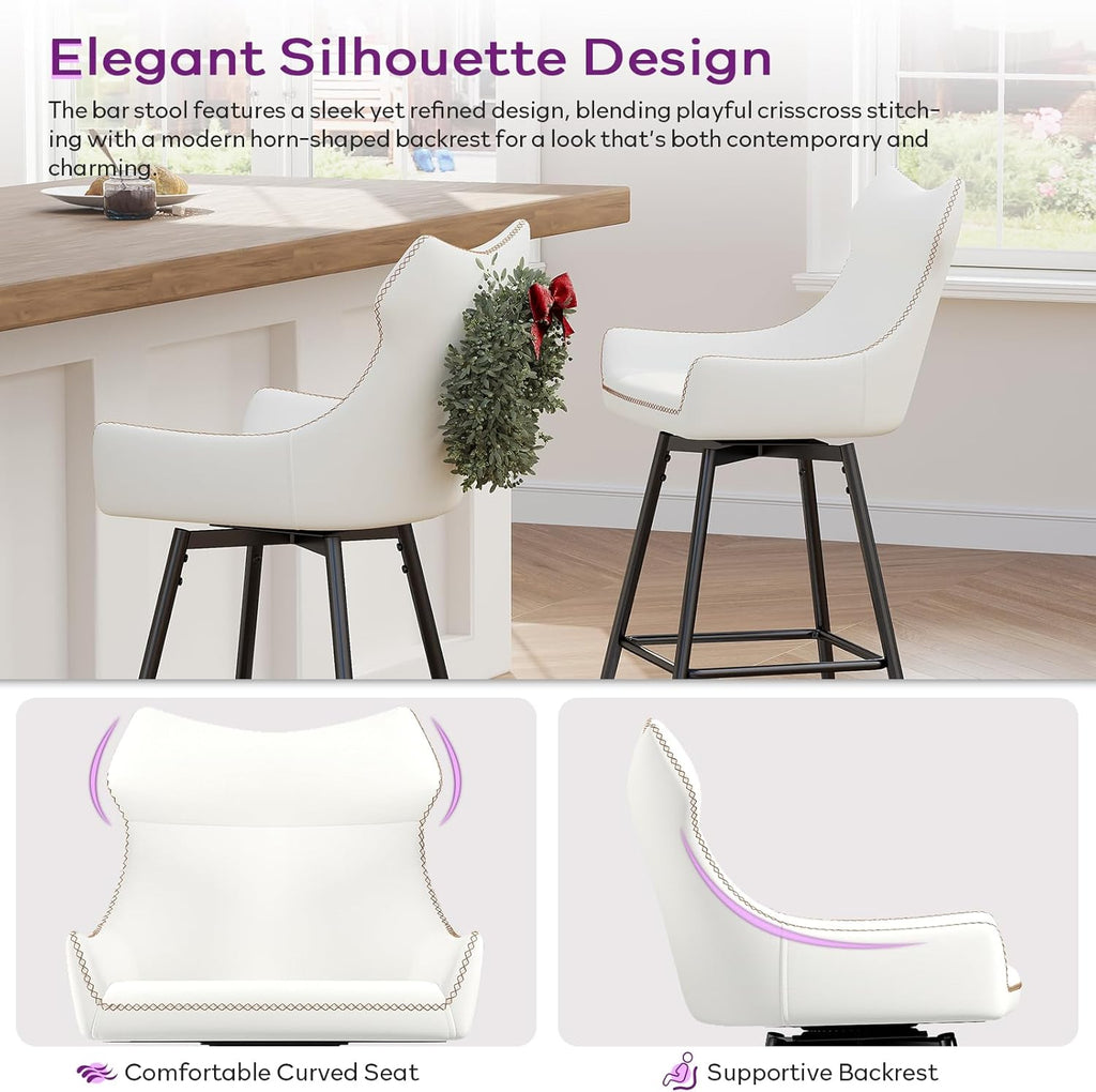 TYBOATLE 26” High Back Leather Swivel Bar Stools Set of 2, Counter Height Bar Stools with Metal Legs, Height-Adjustable Upholstered Faux Leather Barstools for Kitchen Counter, White