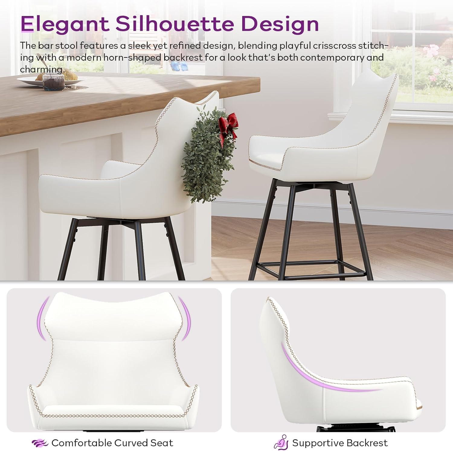 TYBOATLE 26” High Back Leather Swivel Bar Stools Set of 2, Counter Height Bar Stools with Metal Legs, Height-Adjustable Upholstered Faux Leather Barstools for Kitchen Counter, White