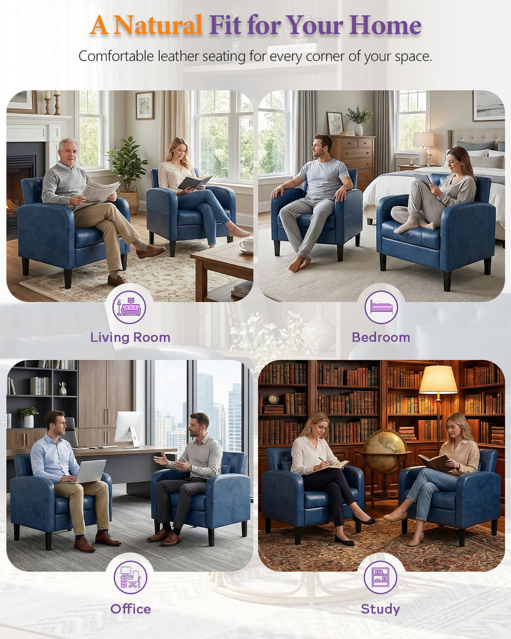 TYBOATLE Leather Chairs Set of 2 w/Storage, Comfy Modern Living Room Chairs, Accent Chair Set of 2 for Reading, Armchair for Bedroom, Waiting Room, Office (2, Blue)