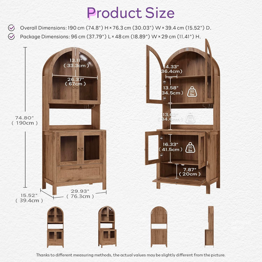 TYBOATLE 75’’ Tall Arched Pantry Cabinet w/Accessible Storage Area, China Cabinet w/Anti-Tipping Device and Innovative Drawer, Versatile Cupboard for Kitchen, Dining (Natrual)