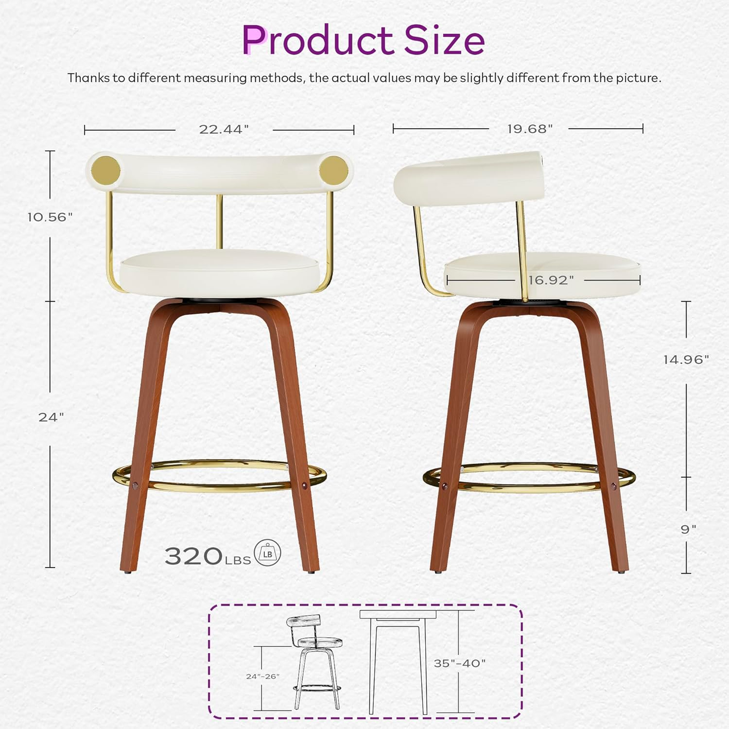 TYBOATLE Swivel Bar Stools Set of 2, 26” Counter Height Bar Stools with Bent Wood Legs and Back, Mid-Century Modern Faux Leather Bar Chairs Island Barstool for Kitchen (2, White)