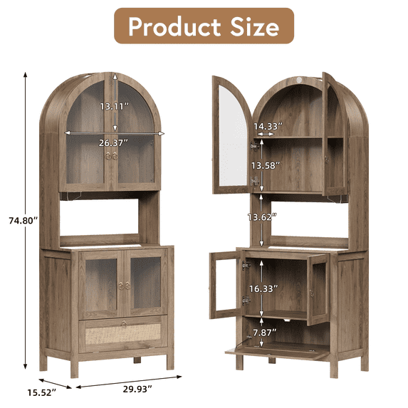 LAZZO 75" Arched Pantry Cabinet with Glass Door & Drawer, Storage Cupboard with Anti-Tipping Device, Natural Wood Color