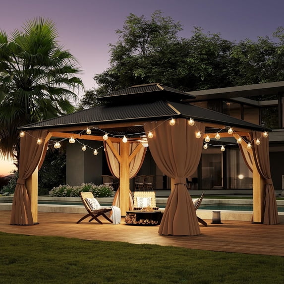LAZZO 13'x15' Outdoor Hardtop Gazebo, Wooden Frame Double Galvanized Steel Roof, Curtains & Netting Included for Patio and Garden