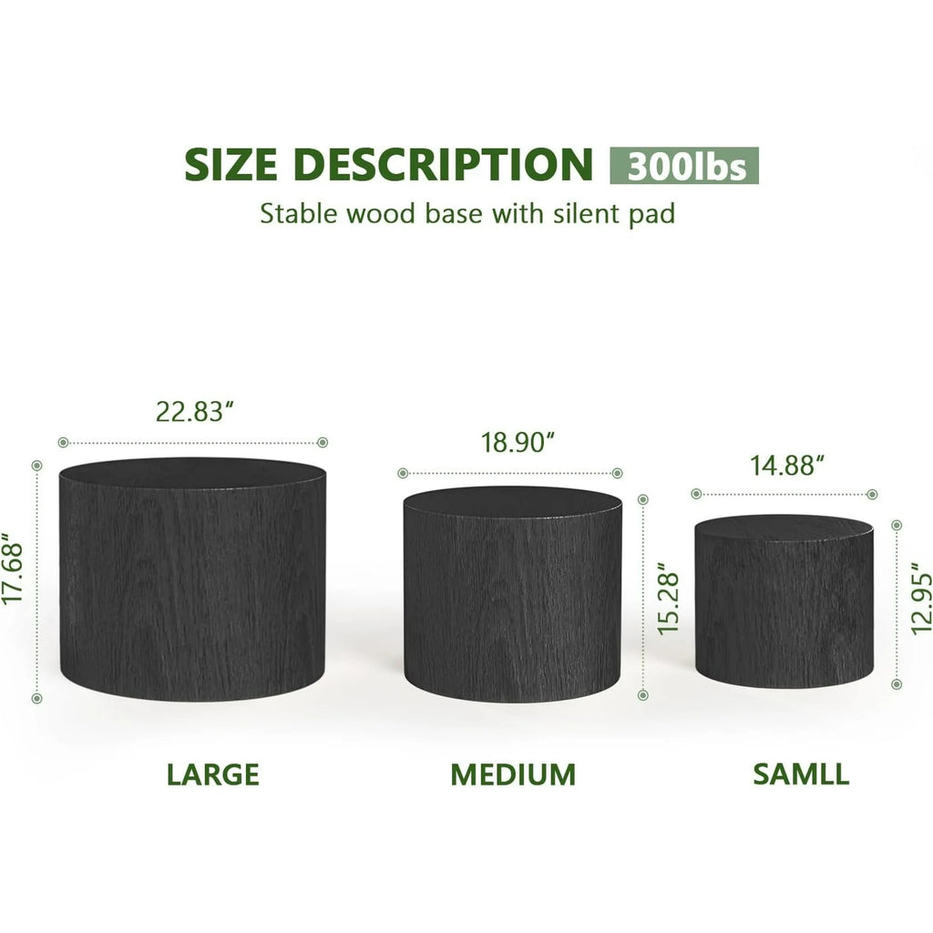 LAZZO Nesting Round Coffee Table Set of 3, Modern Wooden Accent Side Table, Space-Saving Table for Living Room Bedroom, Black