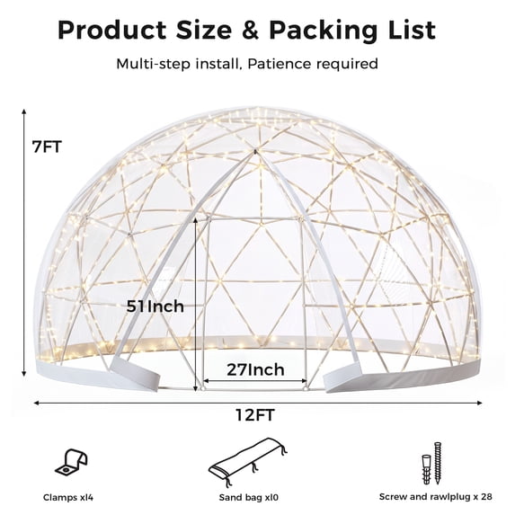 LAZZO 12x7 Ft Garden Dome Tent, Outdoor Clear Bubble Tent with 360° View, Weatherproof Geodesic Igloo Tent with Ventilation Windows for Backyard and Patio
