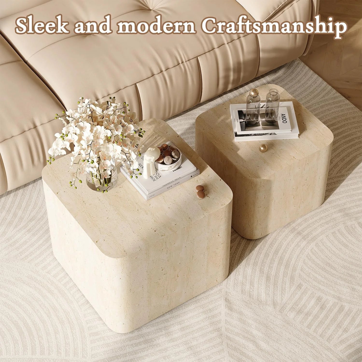 LAZZO Nesting Coffee Table Set of 2, Modern Wooden Coffee Table & End Table, Small Side Tables for Living Room, Bedroom & Apartment, Beige