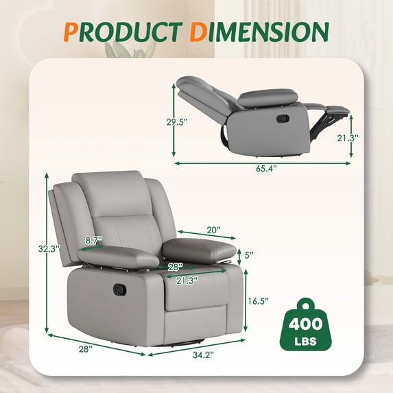 LAZZO Recliner Chair with Adjustable Armrest and Headrest, Upholstered Swivel Rocking Chair for Nursery & Living Room, Gray