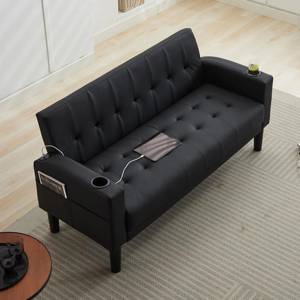 LAZZO 62" Mid-Century Modern Loveseat Sofa, Faux Leather Tufted Compact Couch with USB Ports & Cupholders, Black