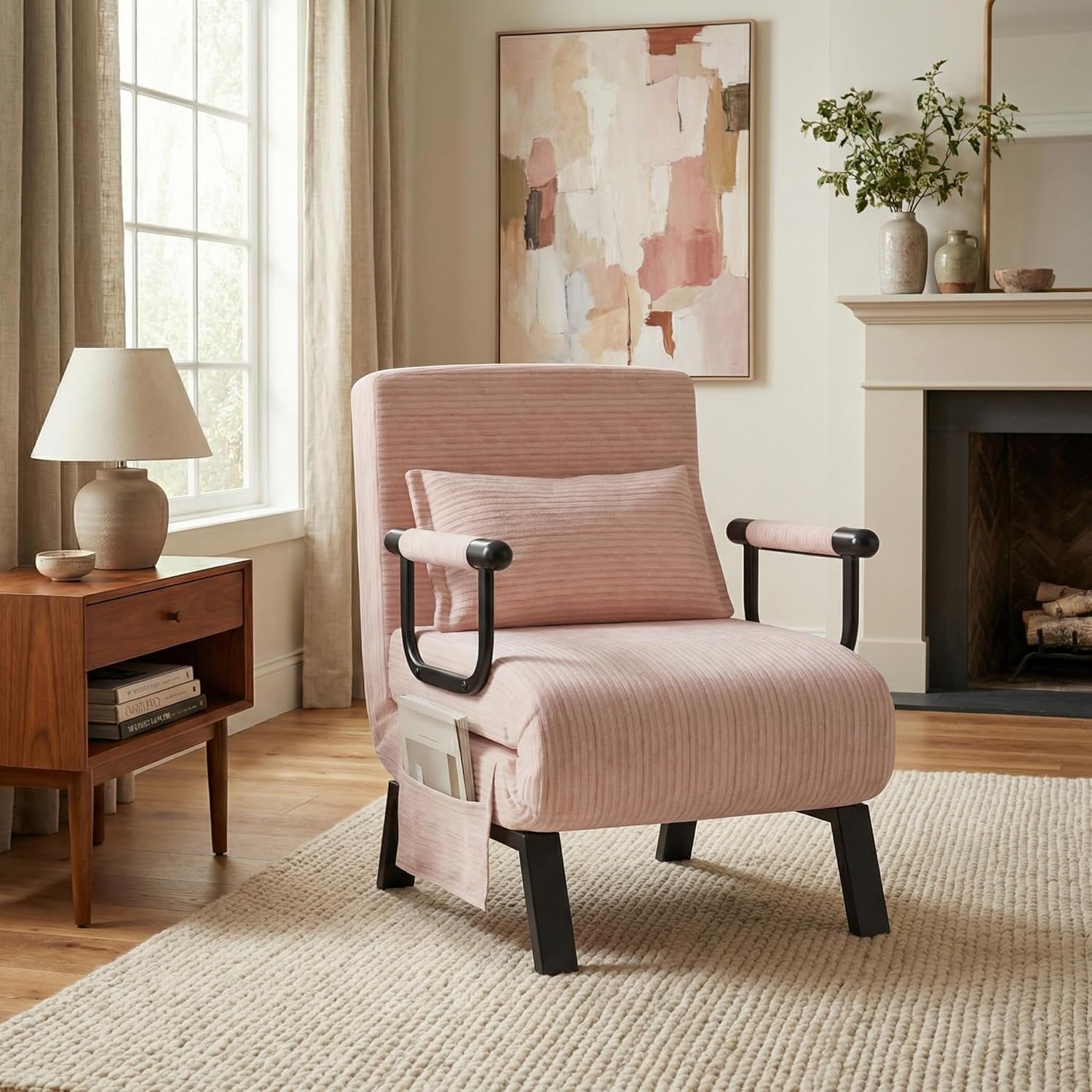 LAZZO Convertible Sleep Chair Bed, Multi-Function Folding Sleeper Sofa with Adjustable Backrest, Side Storage Pockets and Pillow, Pink