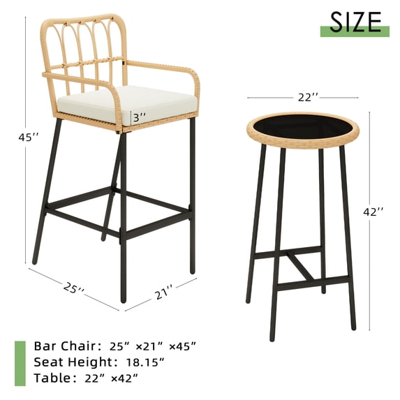 LAZZO 3-Piece Outdoor Patio Bar Set, Rattan Bar Stools with Tempered Glass High Top Table andBeige Cushions
