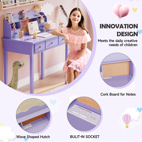 LAZZO 36“ Writing Desk with Built-in Outlet and Detachable Hutch, Wooden Computer Desk for Small Place and Home Office, Purple