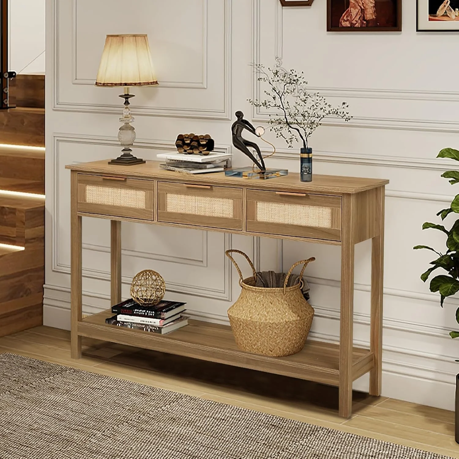 LAZZO 51” Boho Rattan Console Table, Narrow Entryway Table with 3 Drawers & Open Shelf, Brown
