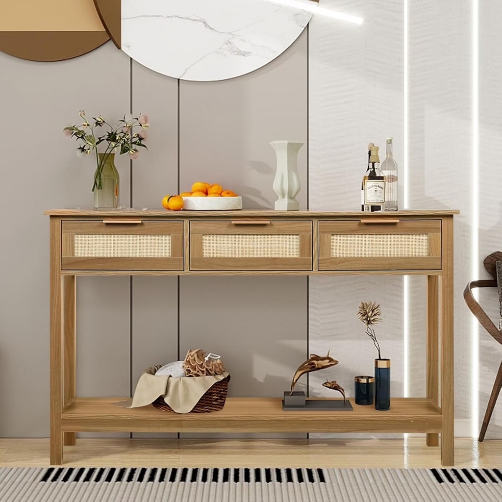 LAZZO 51” Boho Rattan Console Table, Narrow Entryway Table with 3 Drawers & Open Shelf, Brown