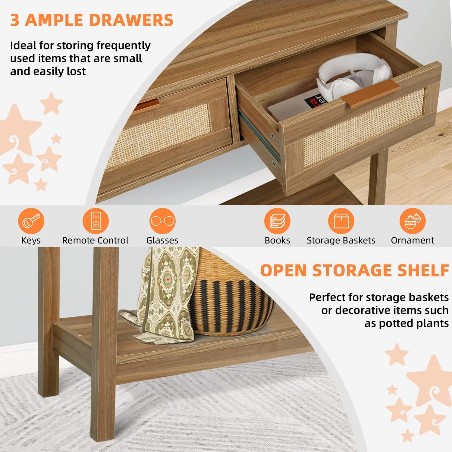 LAZZO 51” Boho Rattan Console Table, Narrow Entryway Table with 3 Drawers & Open Shelf, Brown