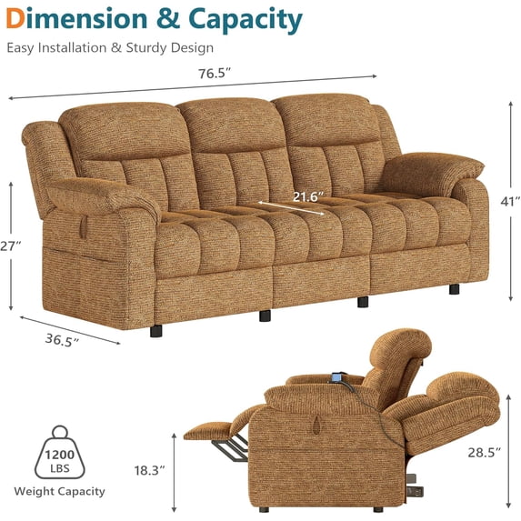 LAZZO 76.5" Power Reclining Sofa, 3-Seater Home Theater Couch with Adjustable Backrest & Storage Pockets, Brown