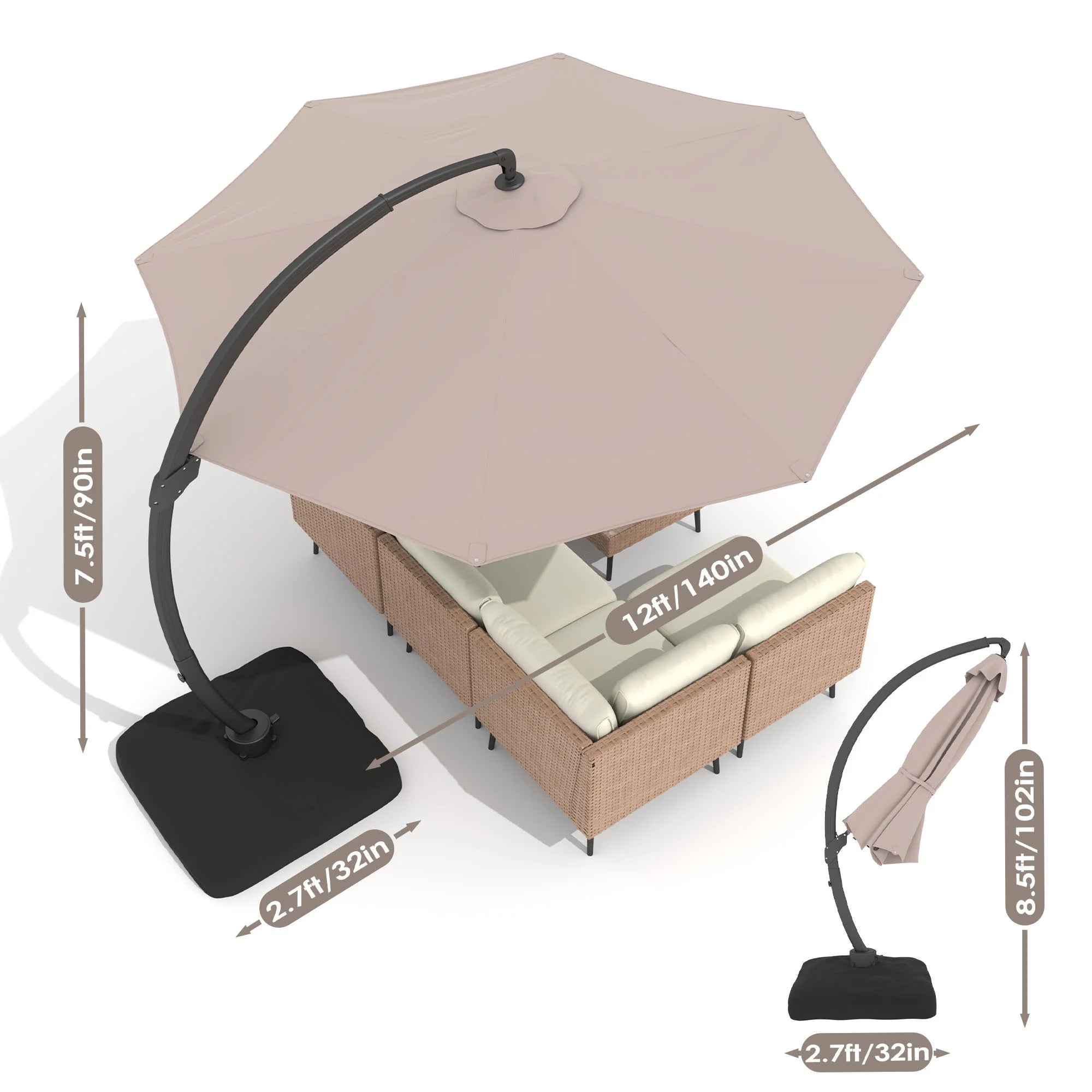 LAZZO 12FT Patio Umbrella with Solar Powered LED Light and Base, Outdoor Deluxe Cantilever Cantilever Umbrella for Patio Pool Deck, Champagne