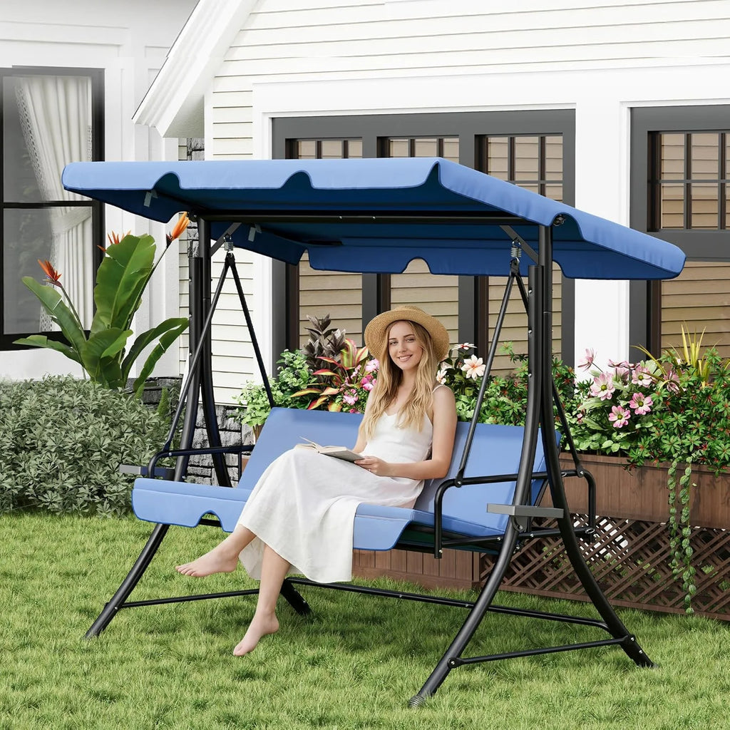 LAZZO 3-Seat Outdoor Porch Swing with Stand, Reclining Lounge Bed Convertible, Adjustable Canopy & Removable Cushions, Blue