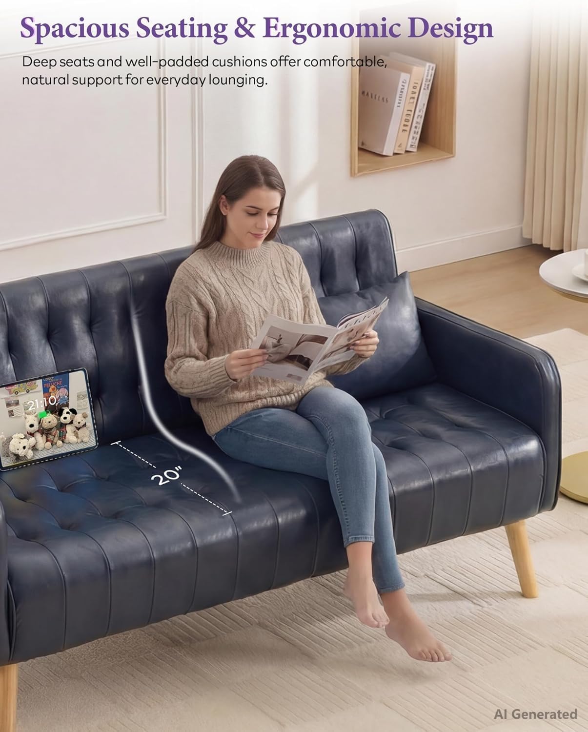 TYBOATLE Leather Loveseat Couch and Accent Chair (Blue, 3) | Mid-Century Modern, Tufted Backrest, Small, USB & Side Pockets, 3 Pieces Living Room Sets