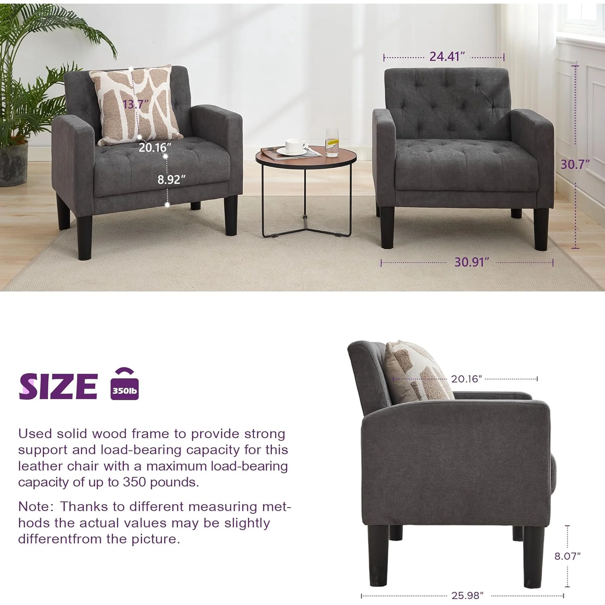 LAZZO Mid-Century Modern Accent Chair, Upholstered Armchair for Living Room Bedroom Office, Dark Gray