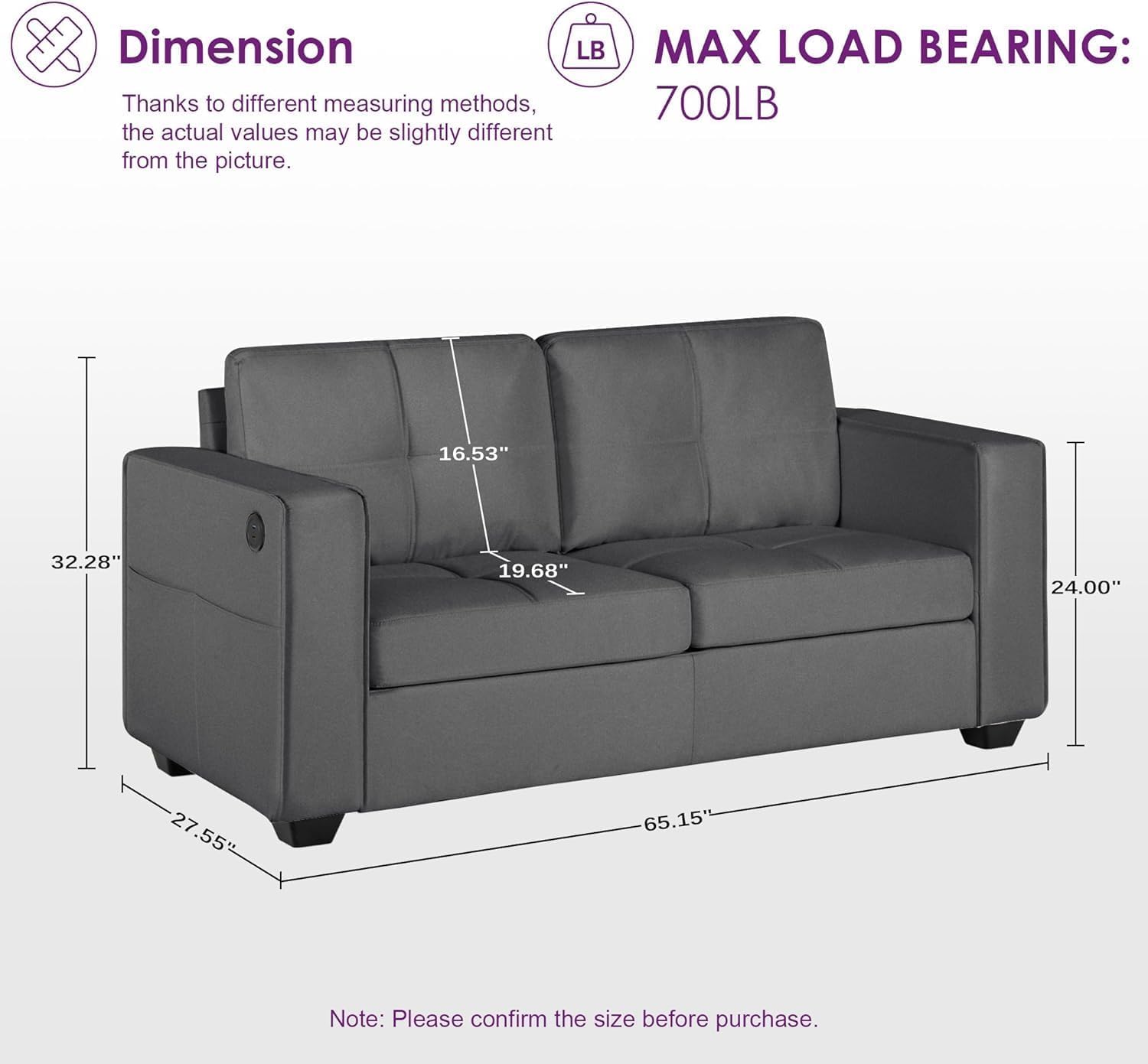 TYBOATLE 65" Small Couches for Bedroom, Mid-Century Modern Tufted Comfy Loveseat w/USB Charging Ports and Wide Arms, 2 Seater Office Small Sofa for Dorm, Apartment, Light Grey