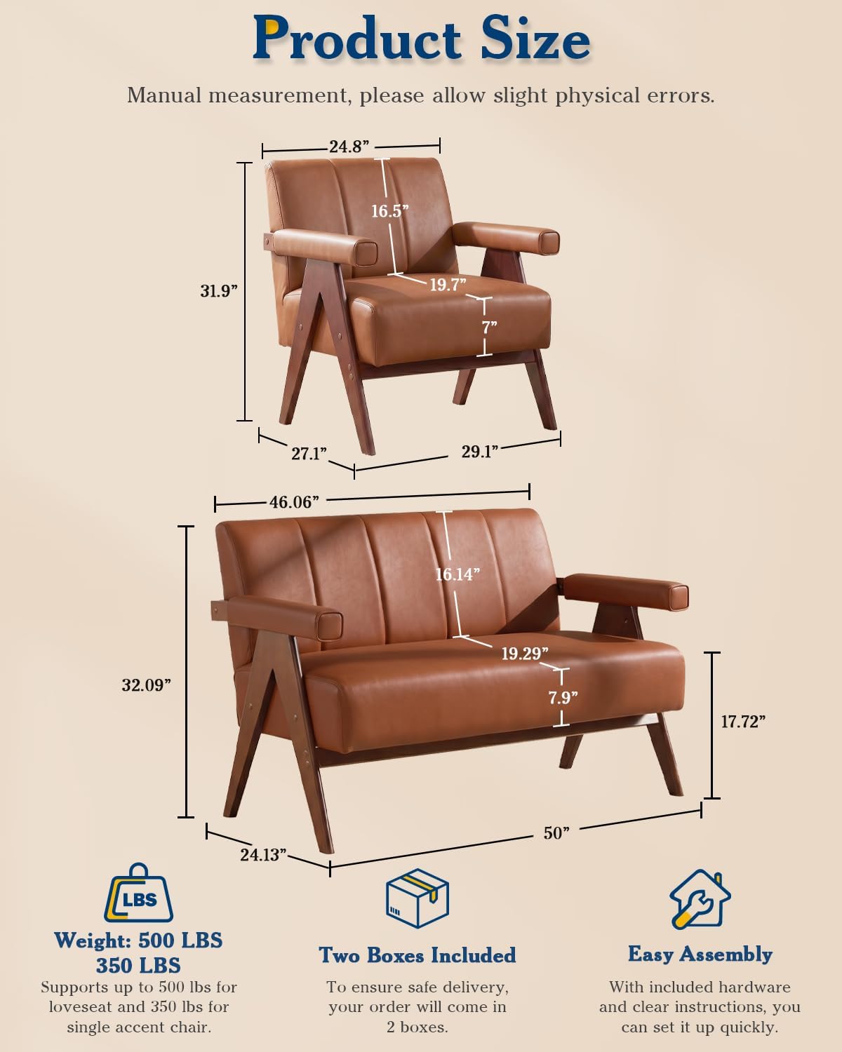 Mid Century Modern Brown Faux Leather Living Room Furniture Set of 2 AODAILIHB Solid Wood Frame Upholstered Office Couch & Accent Chair With Wooden Arm For Waiting Room,Bedroom,Dorm,Classroom