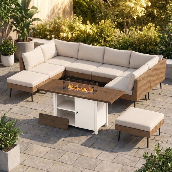 LAZZO 55" Propane Fire Pit Table, 50,000 BTU Outdoor Fire Pit with Foldable Expansion Tabletop and Wind Guard, White