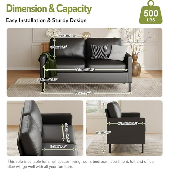 LAZZO 56" Faxu Leather Loveseat, 2-Seater Sofa with USB Charging Ports and Side Pockets for Living Room, Bedroom and Office, Black