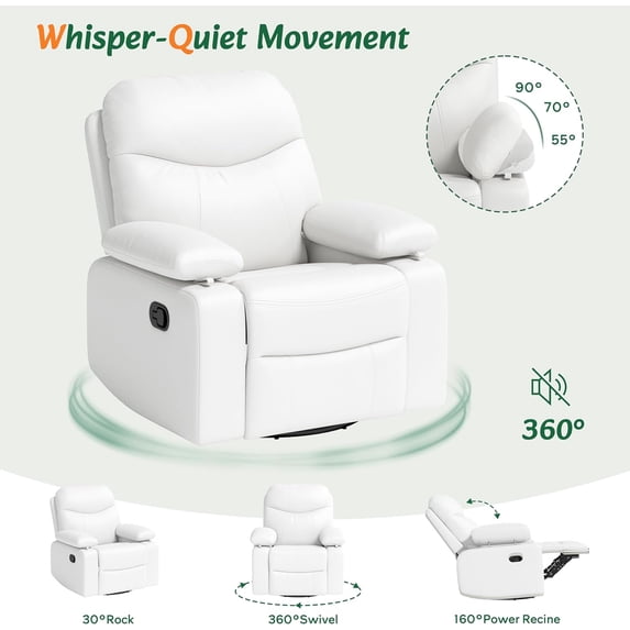 LAZZO Recliner Chair with Adjustable Armrests, Oversized 360° Swivel Chair for Nursery & Living Room, White