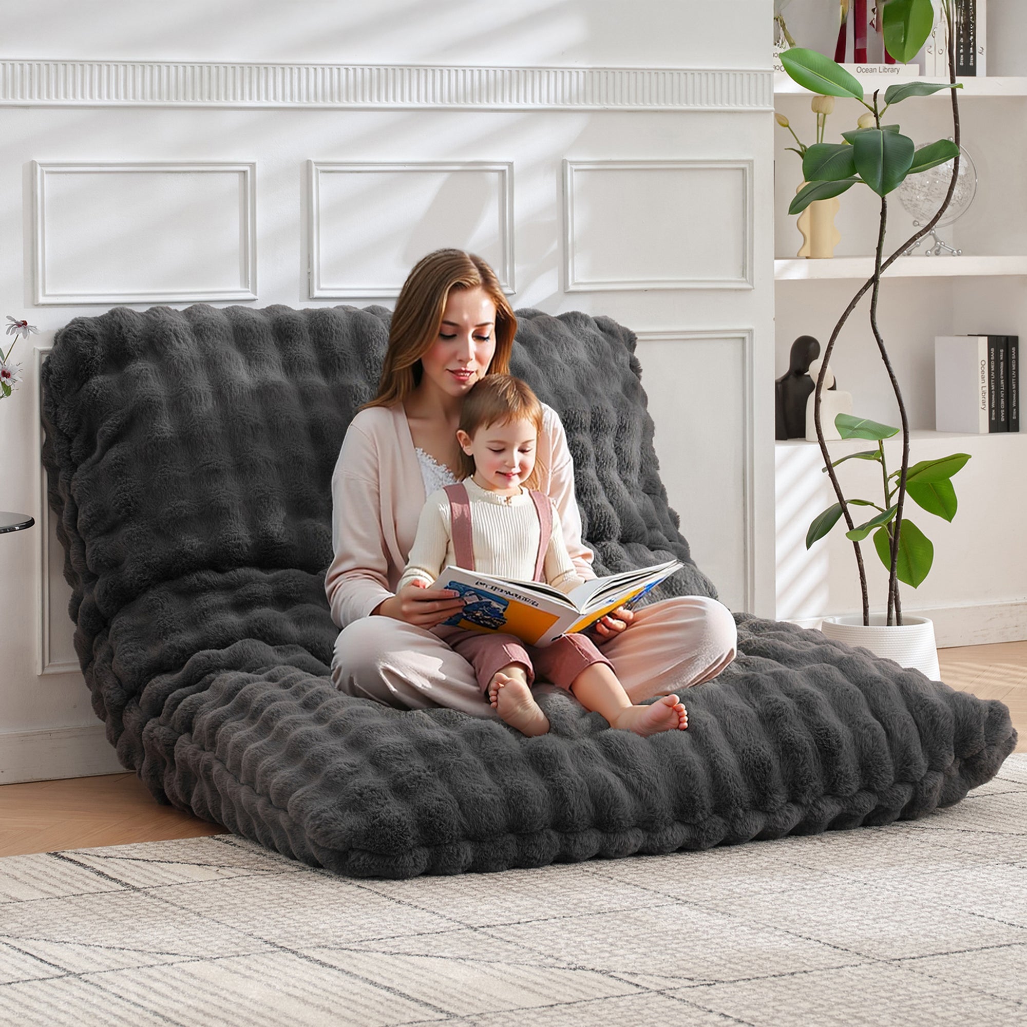 TYBOATLE 3 in 1 Giant Bean Bag Chair for Adults, Plush Fluffy Bean Bag Couch w/High-Density Memory Foam Filling, Convertible Floor Sofa to Mattress for Dorm, Apartment, Bedroom (Grey)