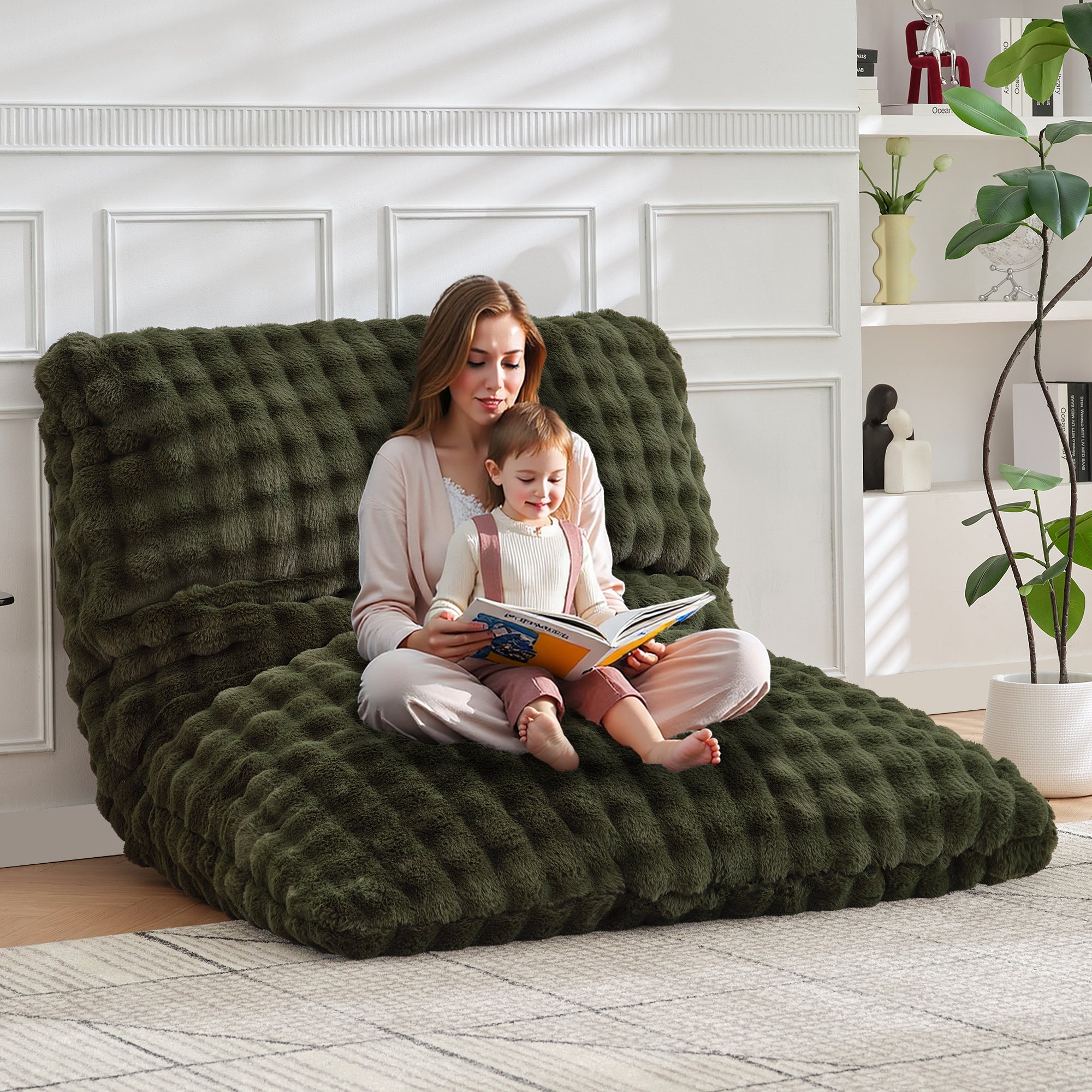 TYBOATLE 3 in 1 Giant Bean Bag Chair for Adults, Plush Fluffy Bean Bag Couch w/High-Density Memory Foam Filling, Convertible Floor Sofa to Mattress for Dorm, Apartment, Bedroom (Green)