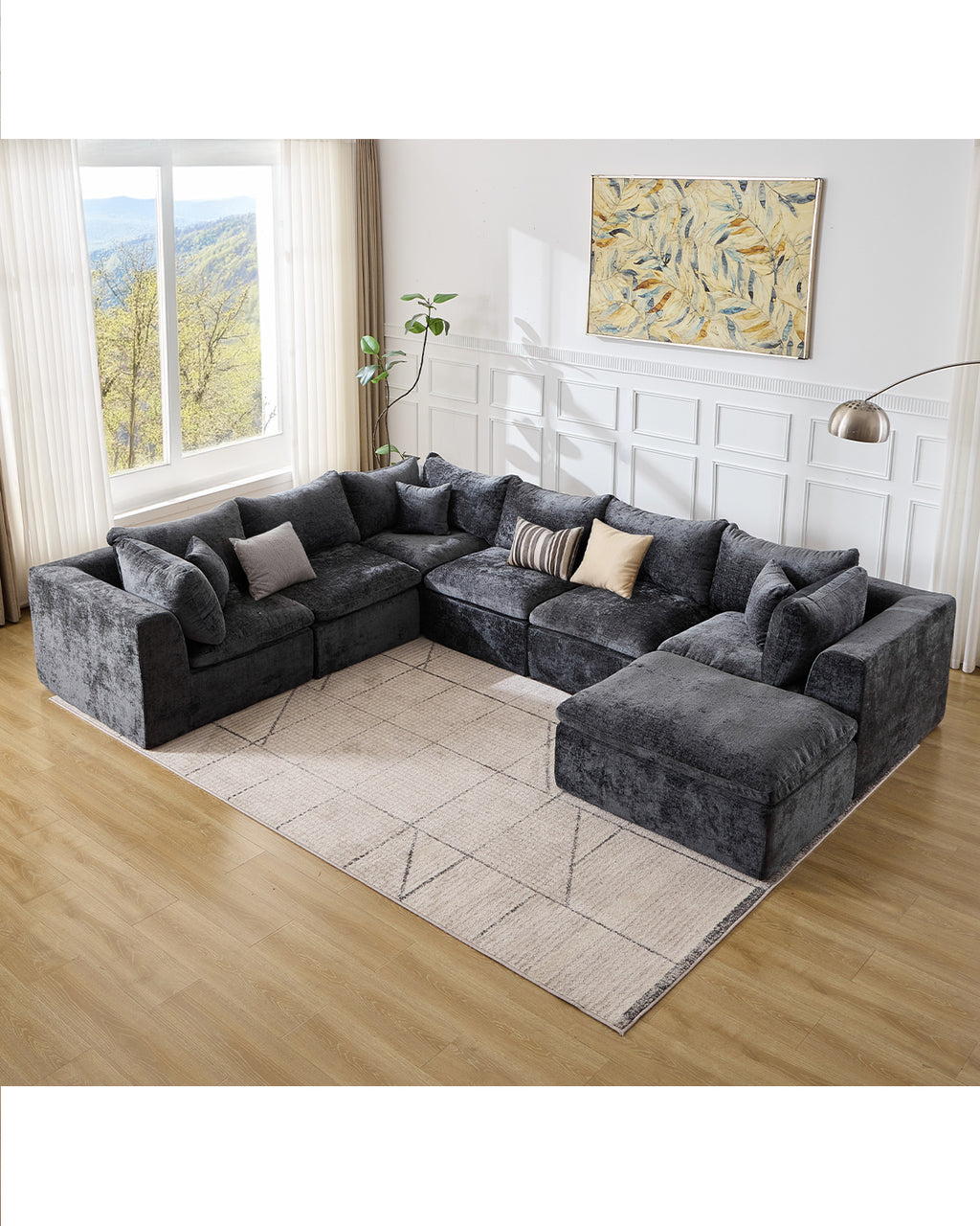 TYBOATLE 7 Seats Grey Boneless Couch for Living Room, U Shaped Cloud Sectional Sofa w/Ottoman, Comfy L Shaped Boneless Modular Couch w/Memory Foam