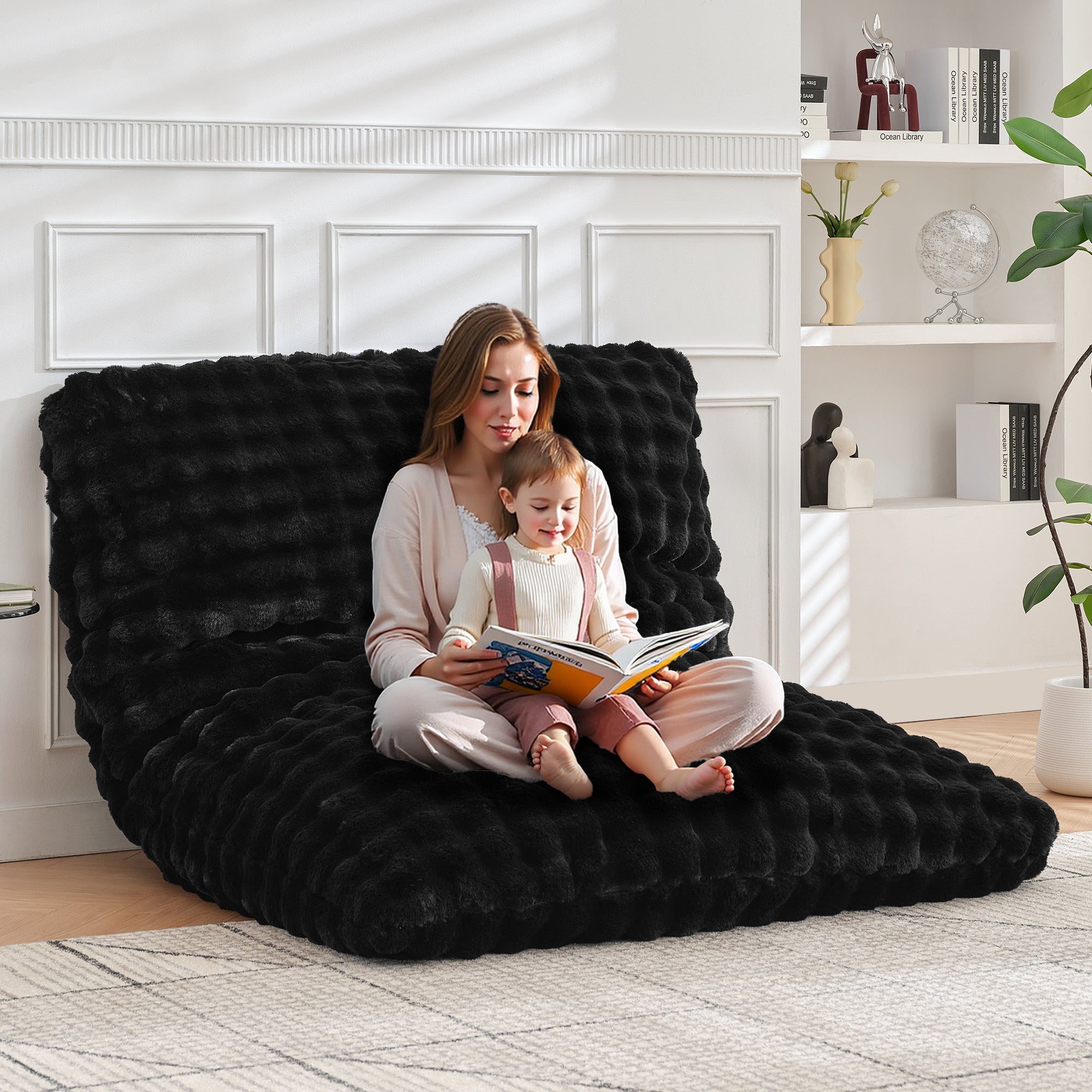 TYBOATLE 3 in 1 Giant Bean Bag Chair for Adults, Plush Fluffy Bean Bag Couch w/High-Density Memory Foam Filling, Convertible Floor Sofa to Mattress for Dorm, Apartment, Bedroom (Black)