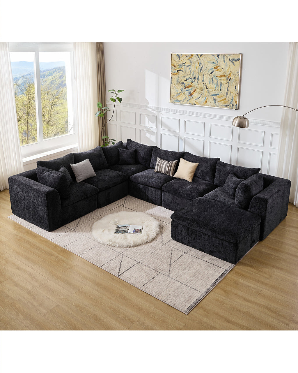 TYBOATLE 7 Seats Black Boneless Couch for Living Room, U Shaped Cloud Sectional Sofa w/Ottoman, Comfy L Shaped Boneless Modular Couch w/Memory Foam