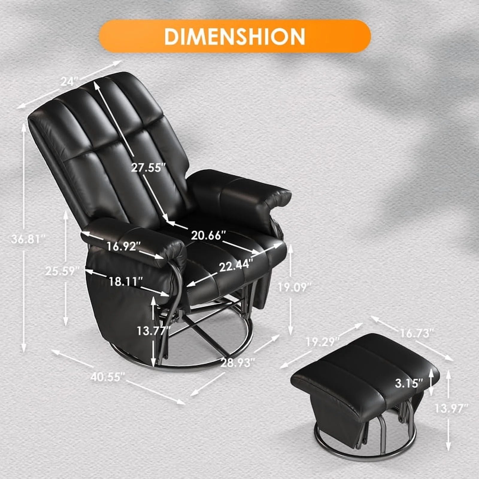 LAZZO Swivel Glider Recliner with Ottoman, 360° Rocking Chair with Footrest & Side Pockets, Living Room Bedroom Office Recliner, Black